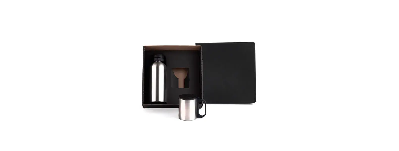 CONJ. DE GARRAFA E CANECA EM AÇO INOX 600/180 ML - 2 PÇS